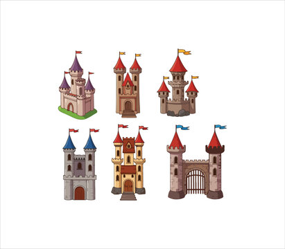 Collection of cartoon castle towers and gates in various colors and designs isolated on white