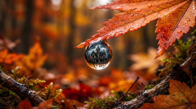 AI-generated photorealistic dew drop reflection spooky mansion macro 8K