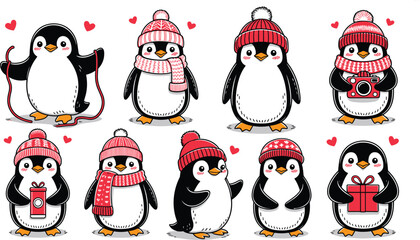 PrintCute winter penguin characters collection bundle flat vector illustration set wearing red knitted hats scarves holding christmas gifts and camera © Yesrath Hasan