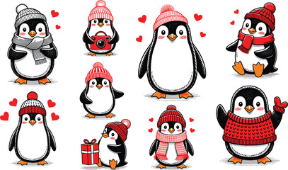 Cute winter penguin characters collection bundle flat vector illustration set wearing red knitted hats scarves holding christmas gifts and camera © Yesrath Hasan