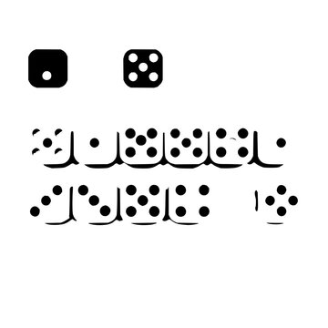 Set of ten dice arranged in two rows of five, each die showing different numbers from one to six, with the top row in black and white and the bottom row in white and black. The dice are evenly spac...