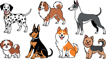 Cute Cartoon Dog Vector Set with Different Breeds, Dalmatian, Doberman, Husky, Greyhound and Shih Tzu, Hand Drawn Pet Animal Illustration Collection for Kids Design © MstLaily