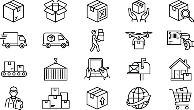 A collection of various icon graphics representing different aspects of logistics and delivery services including trucks drones mailboxes and packages
