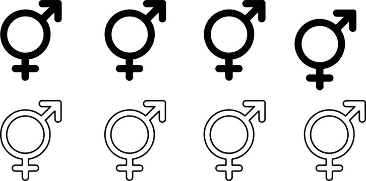 Gender symbols vector icon set featuring female and transgender combined male venus mars signs in solid black and outline