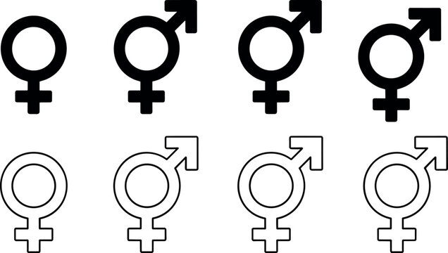 Gender symbols vector icon set featuring female and transgender combined male venus mars signs in solid black and outline