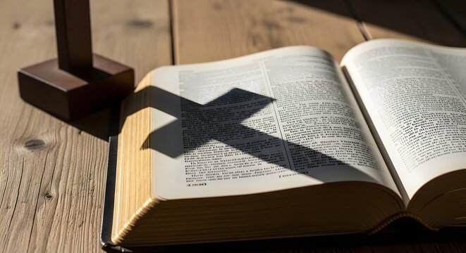 Open bible book on a wooden surface with a shadow of a christian cross silhouette cast across the pages bible study christian