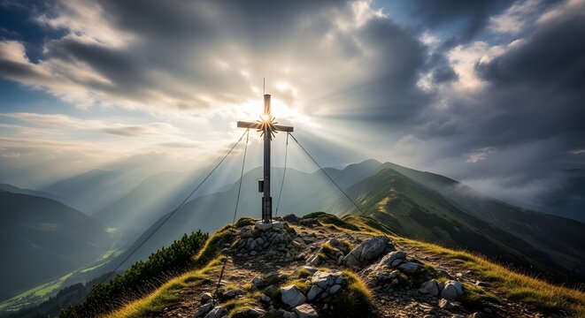 A christian crucifix cross on top of a mountain peak with dramatic sunset sun rays and clouds mountain religion christian crucifix