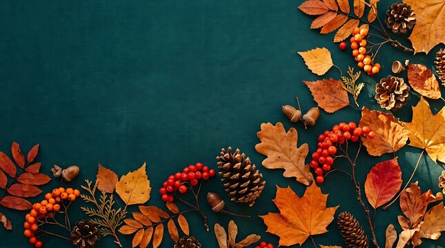 Thanksgiving day background with colorful autumn maple leaves, pine cones, acorns, and red rowan berries on a dark green wooden background with copy space