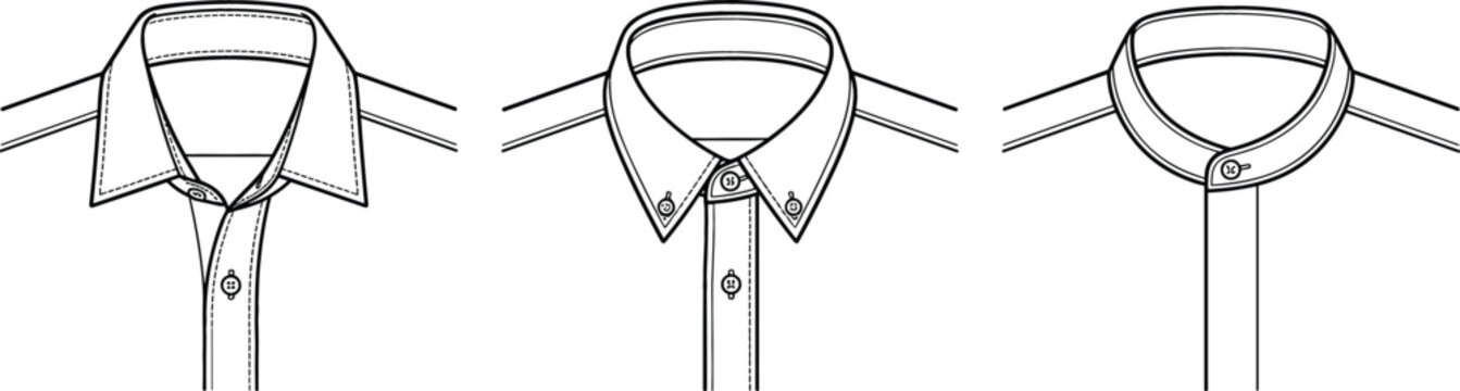 Men shirt collar types vector set with classic spread button down and mandarin band collars fashion technical sketch