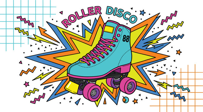 Retro eighties roller disco vector illustration featuring colorful quad skate pop art explosion burst geometric grid and neon lightning bolt elements