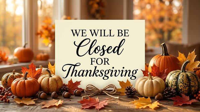 Thanksgiving day closed sign with text we will be closed for thanksgiving surrounded by pumpkins, autumn maple leaves, pine cones, and acorns on a rustic wooden table