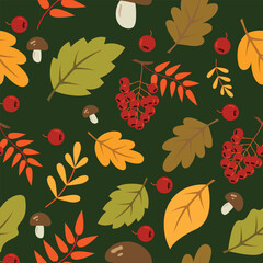 Fototapeta premium Autumn seamless pattern with colorful leaves, mushrooms and berries on dark green background
