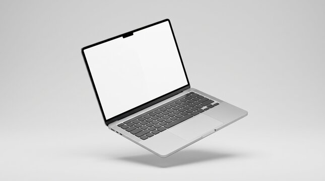 Open laptop computer floating at an angle with blank white screen and visible keyboard and touchpad, studio lighting, minimal design, no text