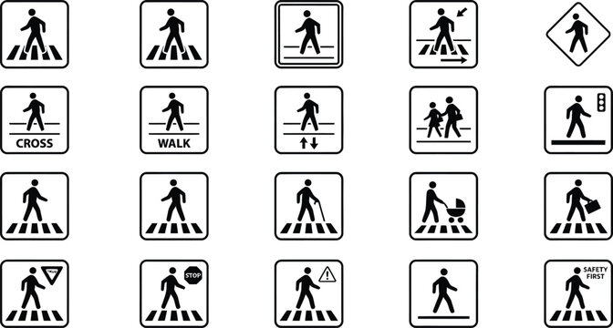 Pedestrian Crossing Sign Icon Set in Outline and Solid Style