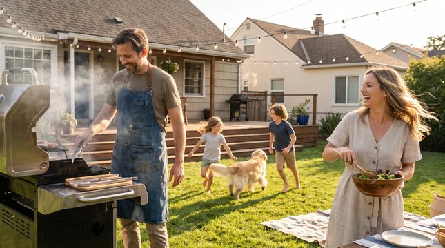 Family backyard barbecue with man grilling while wearing apron, woman holding bowl of salad and laughing, kids playing on lawn with a dog near picnic blanket