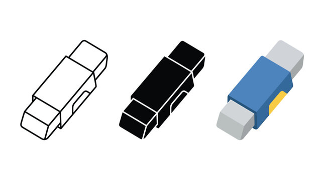 Set of three pencil eraser icons in outline solid and color isometric styles Vector