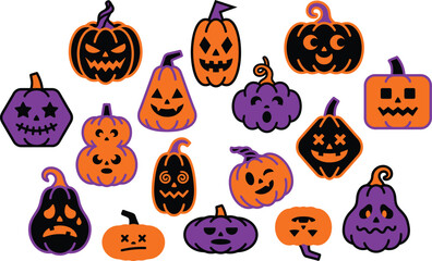 Fototapeta premium Cute Halloween Pumpkin Characters Collection, Kawaii Jack O Lantern Faces Set, Funny Cartoon Pumpkin Vector Clipart Bundle