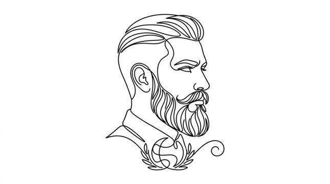 Bearded man head, side view, minimalist line art, vector illustration, facial hair style