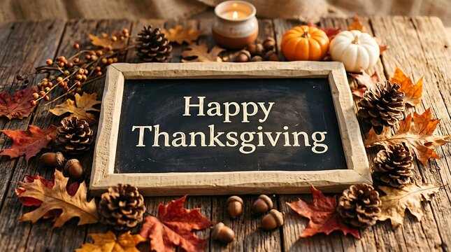 Happy thanksgiving day blackboard sign with text surrounded by pumpkins, autumn dry leaves, pine cones, acorns, and a candle on a rustic wooden table