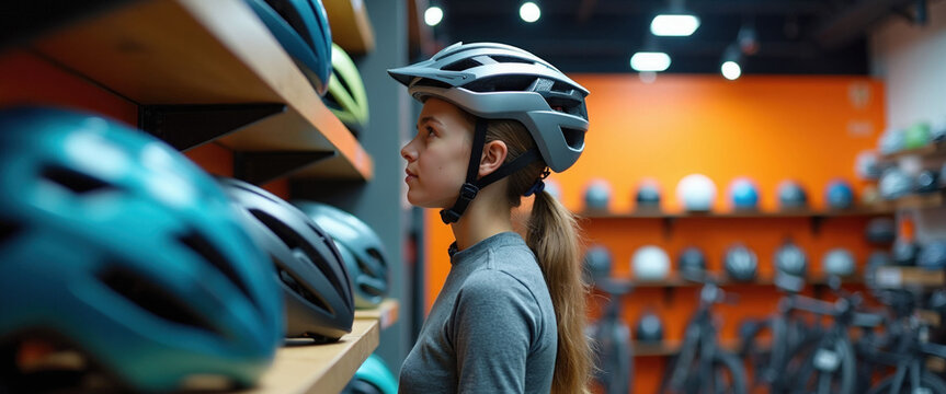 Young woman tries on protective helmet inside bicycle store. Happy customer selects modern safety gear for cycling hobby at sport shop. Client looks at equipment on display shelves choosing right
