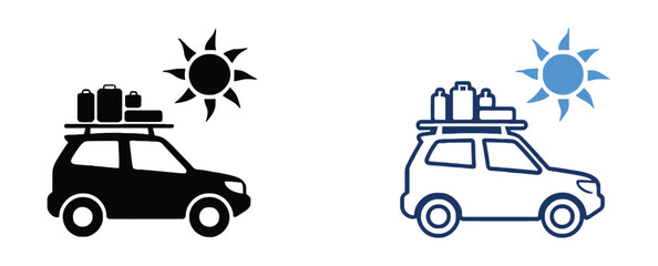 Travel and tourism road trip icons featuring car, roof rack, luggage, suitcase, and transport journey symbols with clean minimalist vector graphics for vacation and adventure themes. © MD. ARIF ISLAM
