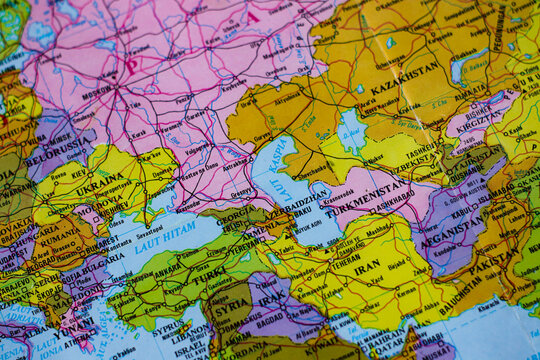 Map of the Caspian Sea region and surrounding countries, close up geographic or political atlas illustration.