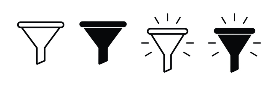 Set of black funnel icons for data filtering and sorting in web design and mobile applications Vector