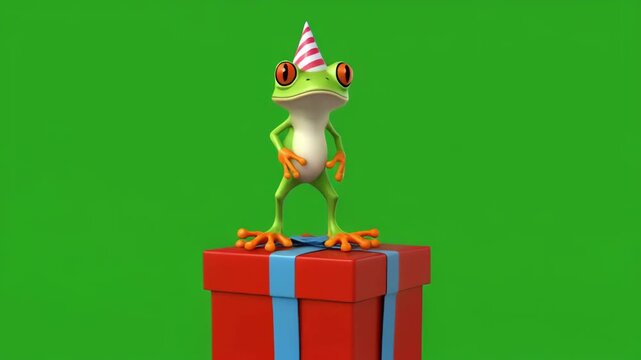 Joyful frog wearing party hat dancing on red gift box with green screen background celebratory animation