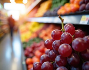 Obraz premium Red grapes bunch in focus on blurred supermarket shelf background. Other fresh fruits and person shopping visible. Natural healthy food assortment.