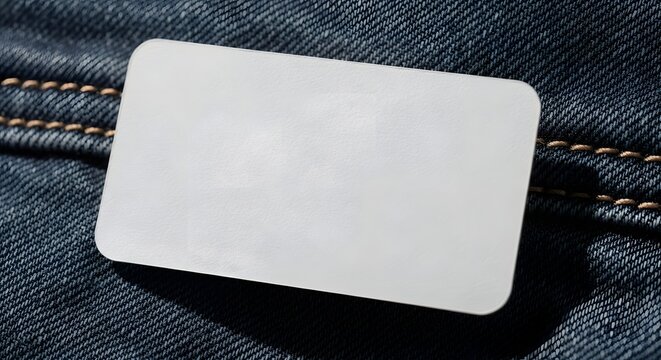 Blank white rectangular card on textured blue denim jeans background with rectangle background business branding stationary