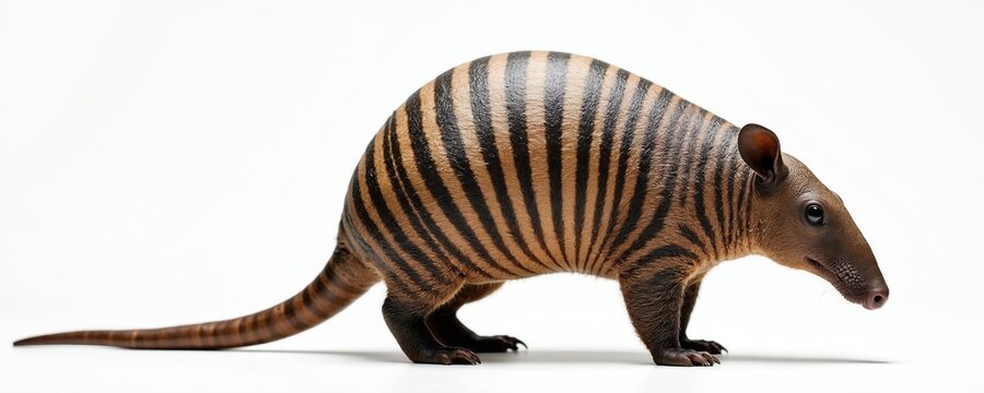 Nine banded armadillo stands sideways on white background. Small wild mammal with striped armored shell looks toward camera. Detailed studio portrait showing exotic animal anatomy. Rare nocturnal