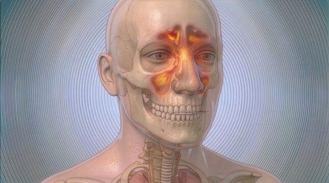 Sinus pressure behind the eyes in a slightly transparent human body showing anatomical detail of the sinuses and surrounding areas