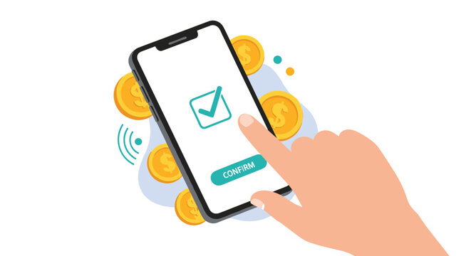Mobile payment and purchase confirmation concept with a hand clicking a button on a smartphone surrounded by golden coins.