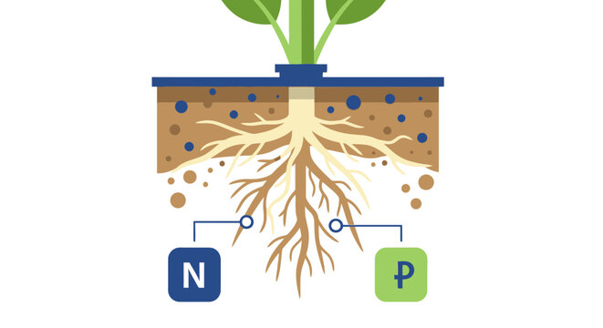 Plant Root System Illustration showing Soil Nutrients Nitrogen and Phosphorus NPK Fertilization Process for Agricultural Growth and Botany Education