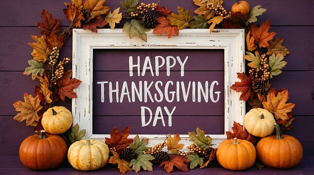 Happy Thanksgiving Day text in white frame on purple wooden background with pumpkins and autumn leaves