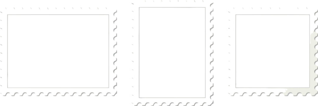 Three blank postage stamps with serrated edges in different rectangular shapes for mail and postal design projects