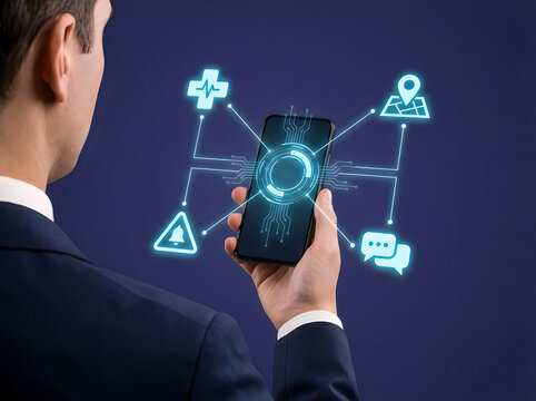 Man using smartphone with futuristic health and app icons