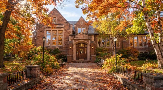 Historic Stone Building Entrance Surrounded by Autumn Trees in Warm Golden Light