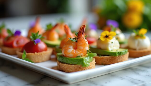 Gourmet appetizer platter with shrimp avocado, cherry tomato toast snacks. Elegant bite size finger food decorated with edible flowers, fresh herbs. Colorful tasty tapas arranged on white serving