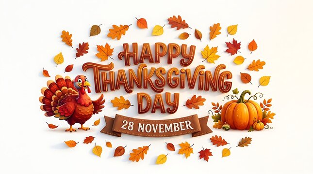Happy Thanksgiving Day 28 November text with cartoon turkey bird pumpkin and autumn leaves on white background