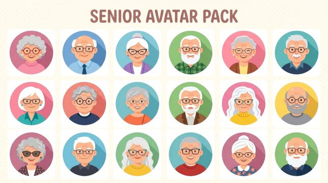 Senior avatar pack with 18 elderly character icons, flat design elderly people profile portraits, diverse retired men and women headshots