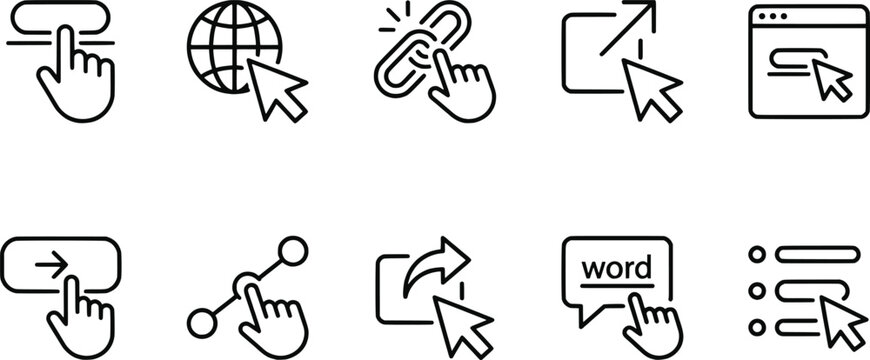 Web interaction icons set, cursor click, hand pointer, globe internet, hyperlink chain, fullscreen arrow, refresh, speech bubble, list graphics