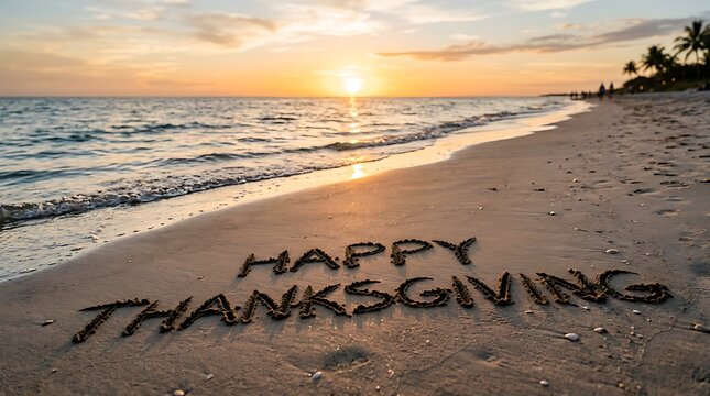 Happy Thanksgiving text written on sandy beach at sunset background