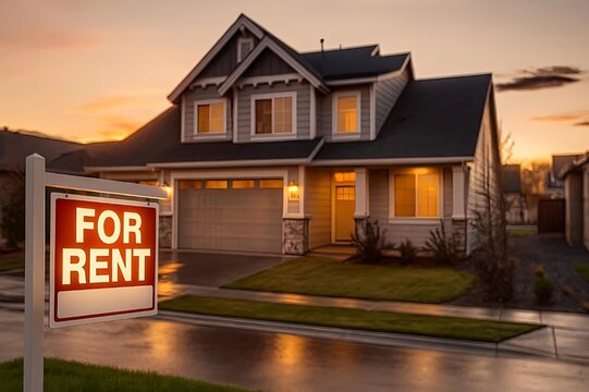 Beautiful Suburban House For Rent Signboard at Sunset