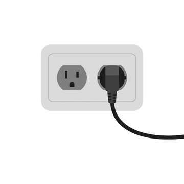 A black power plug is inserted into a wall outlet socket