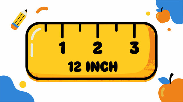 Yellow Ruler with Measurements 1 to 3 Inches and a Pencil and Apple Illustration