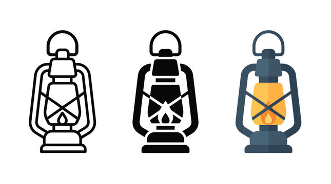 Set of three vintage oil lantern icons in outline solid and flat color styles Vector