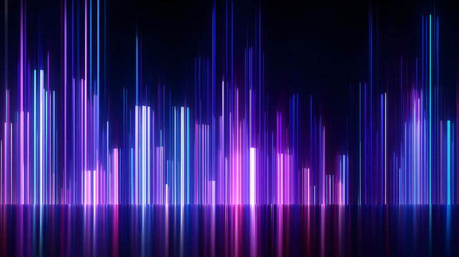 Abstract futuristic neon light bars glowing in purple blue and pink on dark reflective background