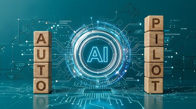 AI autopilot concept with wooden AUTOpilot blocks and digital circuit background