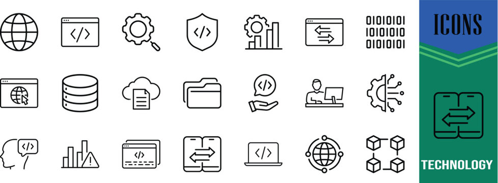 Technology development vector icons. globe icon set, database icon set, code icon set